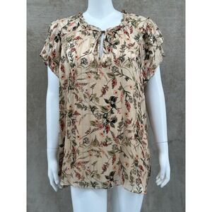 Tamara H Top Women 1X Tan Floral Ruffle Sleeve Boho Bloomcore Fall Autumn Office